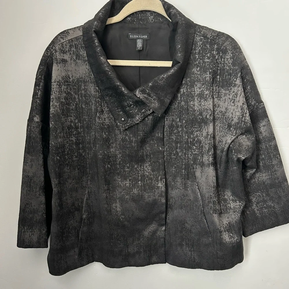 Eileen Fisher Grandeur Jacquard top jacket in black and gray S P - Picture 3 of 5